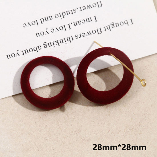 Picture of 2 PCs Acrylic Geometric Charms Round Wine Red Flocking 28mm x 28mm