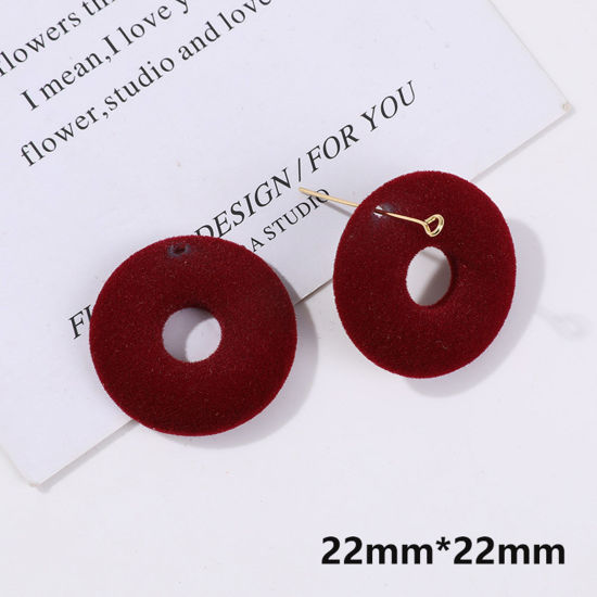 Picture of 2 PCs Acrylic Geometric Charms Round Wine Red Flocking 22mm x 22mm