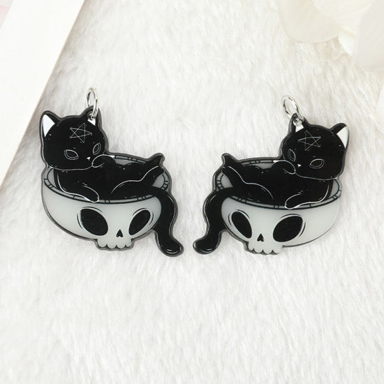 Picture of 10 PCs Acrylic Glow In The Dark Pendants Cat Animal Skull Black & White Double Sided 3.7cm x 3.3cm