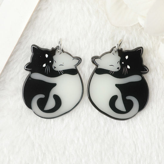Picture of 10 PCs Acrylic Glow In The Dark Pendants Cat Animal Black & White Double Sided 3.7cm x 3.1cm