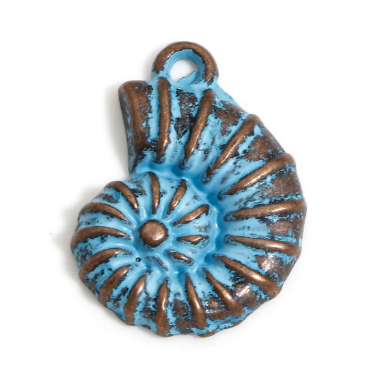 Picture of 20 PCs Zinc Based Alloy Ocean Jewelry Charms Antique Copper Blue Conch/ Sea Snail Patina 21mm x 15mm