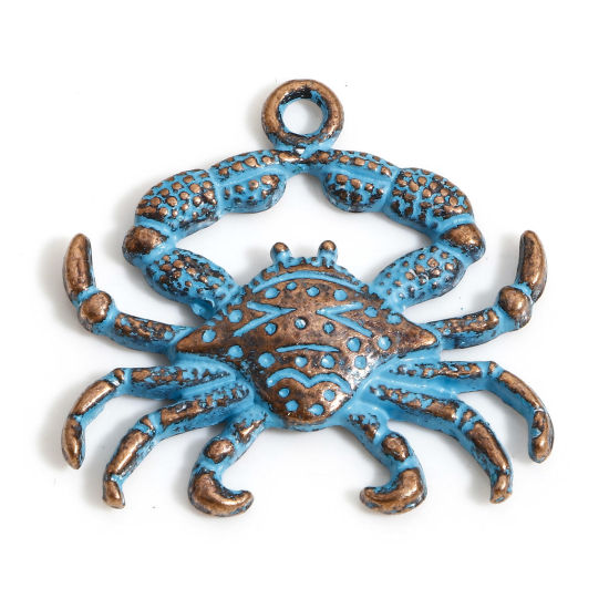 Picture of 20 PCs Zinc Based Alloy Ocean Jewelry Charms Antique Copper Blue Crab Animal Patina 24mm x 23mm