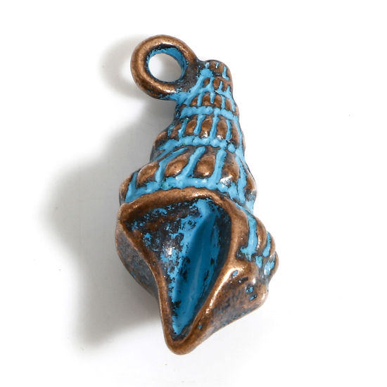 Picture of 20 PCs Zinc Based Alloy Ocean Jewelry Charms Antique Copper Blue Conch/ Sea Snail Patina 21mm x 10mm
