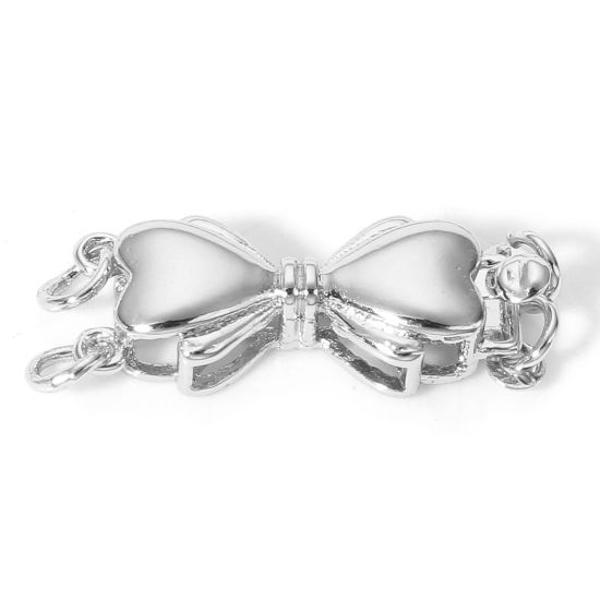 Picture of 1 Piece Brass Pinch Clasp Bowknot Real Platinum Plated 19.5mm x 8mm