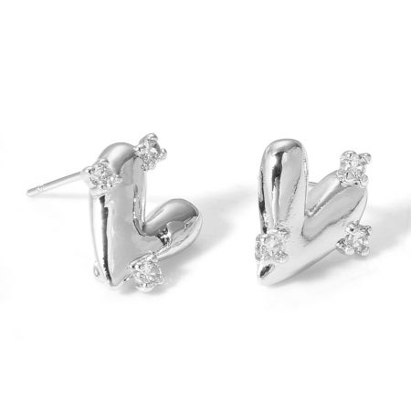 Image de 2 Pcs Boucles d'Oreilles Puces en Laiton Couple Plaqué Platine Véritable Cœur à Zirconia Cubique Clair avec Boucle 13mm x 13mm, Epaisseur de Fil: 0.8mm(taille 20)