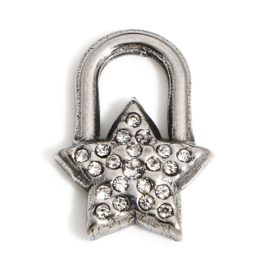 Picture of 1 Piece 304 Stainless Steel Galaxy Charms Silver Tone Lock Pentagram Star Clear Rhinestone 16mm x 11mm