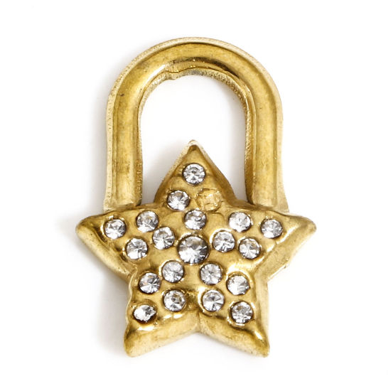 Picture of 1 Piece Vacuum Plating 304 Stainless Steel Galaxy Charms 18K Gold Plated Lock Pentagram Star Clear Rhinestone 16mm x 11mm