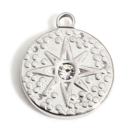 Picture of 1 Piece 304 Stainless Steel Galaxy Disc Charms Silver Tone Round Star Clear Rhinestone 21.5mm x 18mm