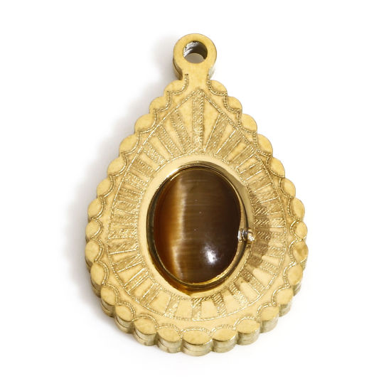 Immagine di 1 Pz Placcatura Sottovuoto 304 Acciaio Inossidabile Ciondoli Goccia Placcato Oro 18K Pietra di Occhi di Tigre Imitazione 21mm x 14mm