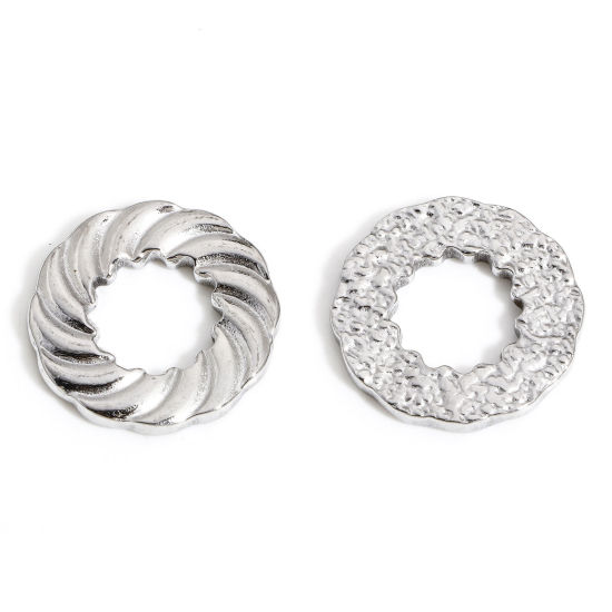 Picture of 1 Piece 304 Stainless Steel Charms Silver Tone Circle Ring Stripe 22mm Dia.