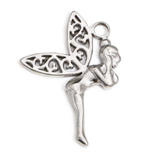 Picture of 1 Piece 304 Stainless Steel Charms Silver Tone Fairy 3.2cm x 2.2cm