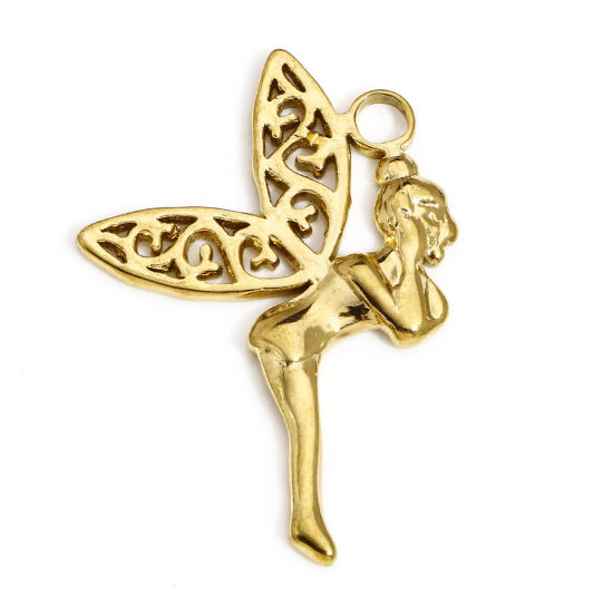 Picture of 1 Piece Vacuum Plating 304 Stainless Steel Charms 18K Gold Plated Fairy 3.2cm x 2.2cm