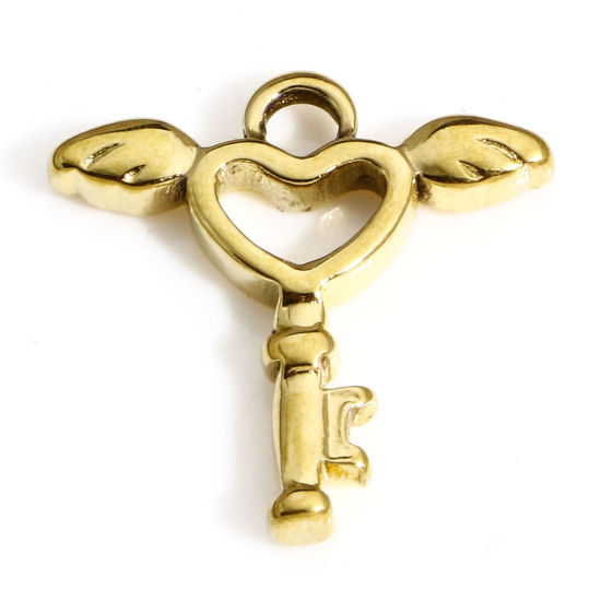 Picture of 1 Piece Vacuum Plating 304 Stainless Steel Valentine's Day Charms 18K Gold Plated Key Heart 18mm x 18mm