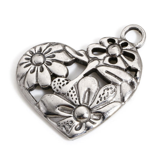 Picture of 1 Piece 304 Stainless Steel Valentine's Day Charms Silver Tone Heart Flower 25mm x 24mm