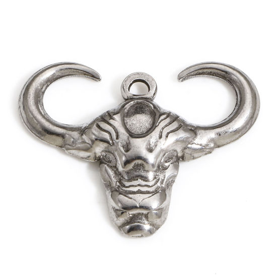 Image de 1 Pièce Breloques en 304 Acier Inoxydable Tête de Taureau/ Tête de Vache Argent Mat 25mm x 20mm