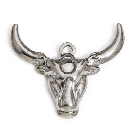 Image de 1 Pièce Breloques en 304 Acier Inoxydable Tête de Taureau/ Tête de Vache Argent Mat 25mm x 23mm