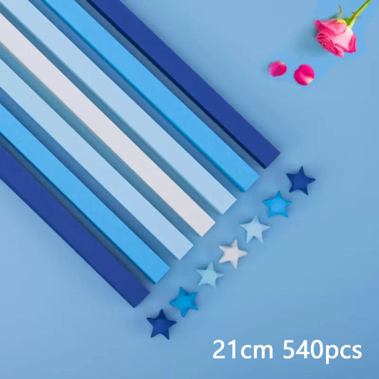 Bild von 1 Packung ( 540 Stück/Set) Papier Origami Faltpapierstreifen Glückssterne DIY handgemachte Kunst Blau Streifen Farbverlauf 21cm