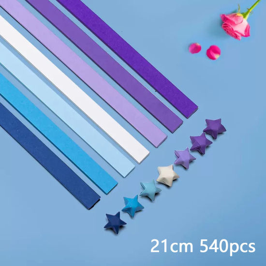 Bild von 1 Packung ( 540 Stück/Set) Papier Origami Faltpapierstreifen Glückssterne DIY handgemachte Kunst Blau Violett Streifen Farbverlauf 21cm