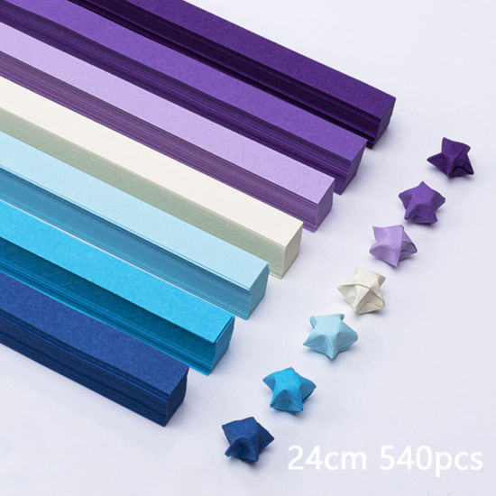 Bild von 1 Packung ( 540 Stück/Set) Papier Origami Faltpapierstreifen Glückssterne DIY handgemachte Kunst Blau Violett Streifen Farbverlauf 24cm