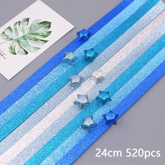 Bild von 1 Packung ( 520 Stück/Set) Papier Origami Faltpapierstreifen Glückssterne DIY handgemachte Kunst Blau Streifen Glitzert 24cm