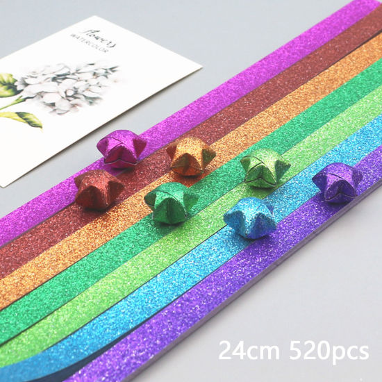 Bild von 1 Packung ( 520 Stück/Set) Papier Origami Faltpapierstreifen Glückssterne DIY handgemachte Kunst Bunt Streifen Glitzert 24cm