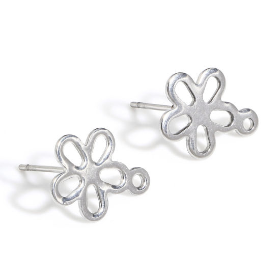 Picture of 20 PCs 304 Stainless Steel Ear Post Stud Earring With Loop Connector Accessories Flower Leaves Silver Tone 14mm x 12mm, Post/ Wire Size: (20 gauge)