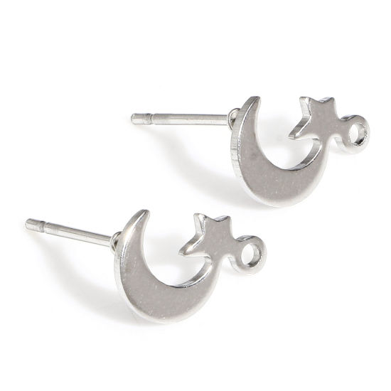 Picture of 20 PCs 304 Stainless Steel Ear Post Stud Earring With Loop Connector Accessories Half Moon Silver Tone Star 11mm x 7mm, Post/ Wire Size: (20 gauge)