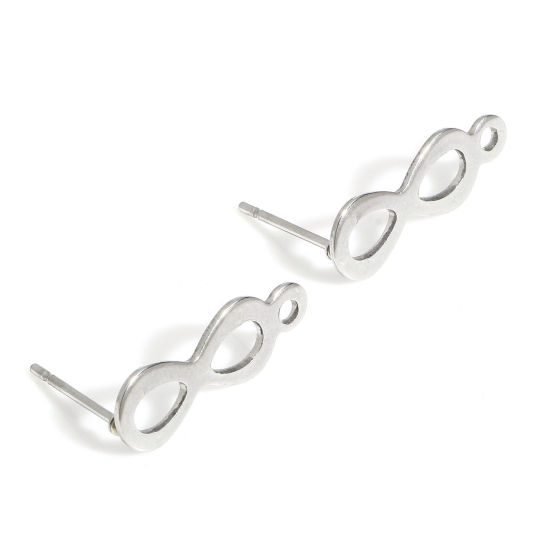 Picture of 20 PCs 304 Stainless Steel Ear Post Stud Earring With Loop Connector Accessories Infinity Symbol Silver Tone 18.5mm x 6.5mm, Post/ Wire Size: (20 gauge)