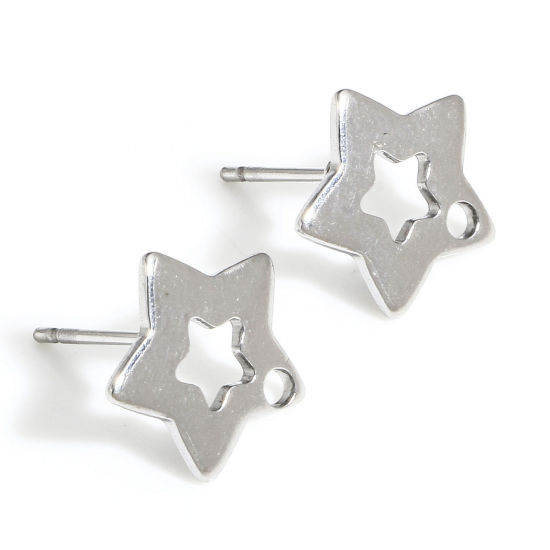 Picture of 20 PCs 304 Stainless Steel Ear Post Stud Earring With Loop Connector Accessories Pentagram Star Silver Tone 12mm x 11mm, Post/ Wire Size: (20 gauge)