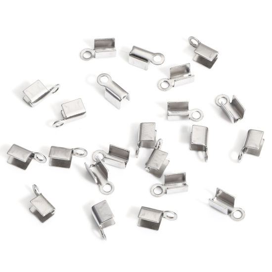 Image de 50 Pcs Embouts pour Cordons en 304 Acier Inoxydable Rectangle Argent Mat (pr Cordon: 3mm） 9mm x 4mm