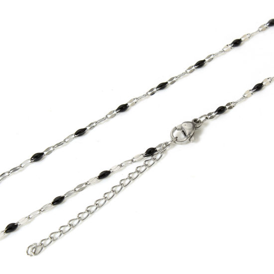 Picture of 1 Piece 304 Stainless Steel Lips Chain Necklace For DIY Jewelry Making Silver Tone Black Enamel 45.5cm(17 7/8") long, Chain Size: 2mm
