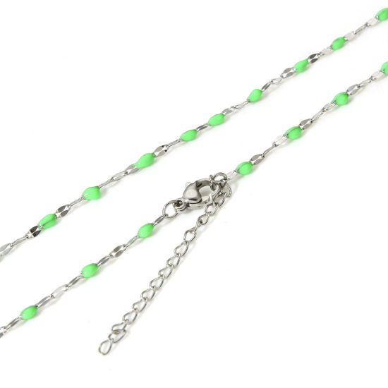 Picture of 1 Piece 304 Stainless Steel Lips Chain Necklace For DIY Jewelry Making Silver Tone Green Enamel 45.5cm(17 7/8") long, Chain Size: 2mm