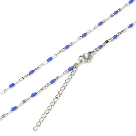 Picture of 1 Piece 304 Stainless Steel Lips Chain Necklace For DIY Jewelry Making Silver Tone Royal Blue Enamel 45.5cm(17 7/8") long, Chain Size: 2mm