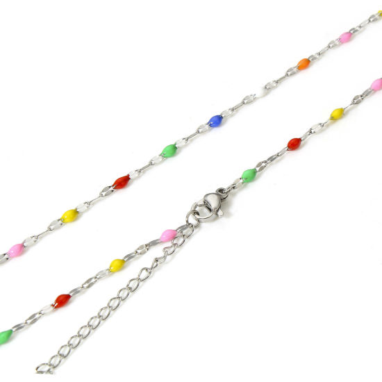 Picture of 1 Piece 304 Stainless Steel Lips Chain Necklace For DIY Jewelry Making Silver Tone Multicolor Enamel 45.5cm(17 7/8") long, Chain Size: 2mm