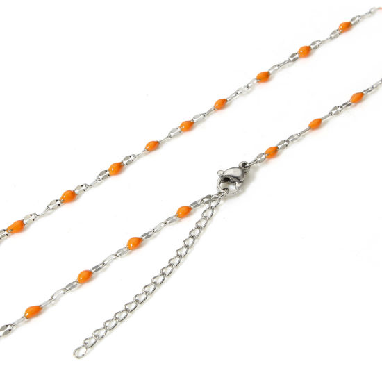 Picture of 1 Piece 304 Stainless Steel Lips Chain Necklace For DIY Jewelry Making Silver Tone Orange Enamel 45.5cm(17 7/8") long, Chain Size: 2mm