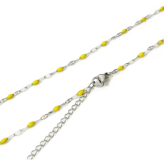 Picture of 1 Piece 304 Stainless Steel Lips Chain Necklace For DIY Jewelry Making Silver Tone Yellow Enamel 45.5cm(17 7/8") long, Chain Size: 2mm