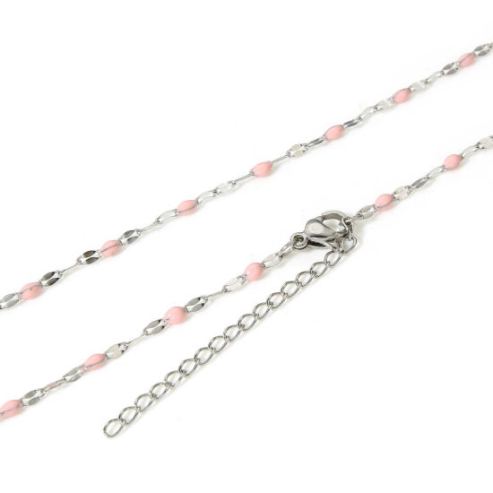 Picture of 1 Piece 304 Stainless Steel Lips Chain Necklace For DIY Jewelry Making Silver Tone Pink Enamel 45.5cm(17 7/8") long, Chain Size: 2mm