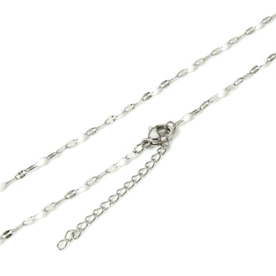 Picture of 1 Piece 304 Stainless Steel Lips Chain Necklace For DIY Jewelry Making Silver Tone White Enamel 45.5cm(17 7/8") long, Chain Size: 2mm