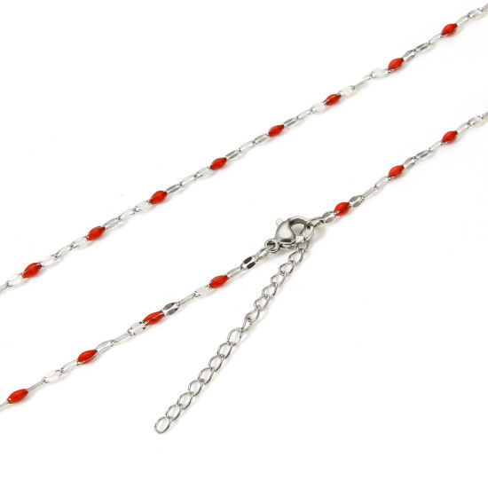Picture of 1 Piece 304 Stainless Steel Lips Chain Necklace For DIY Jewelry Making Silver Tone Red Enamel 45.5cm(17 7/8") long, Chain Size: 2mm