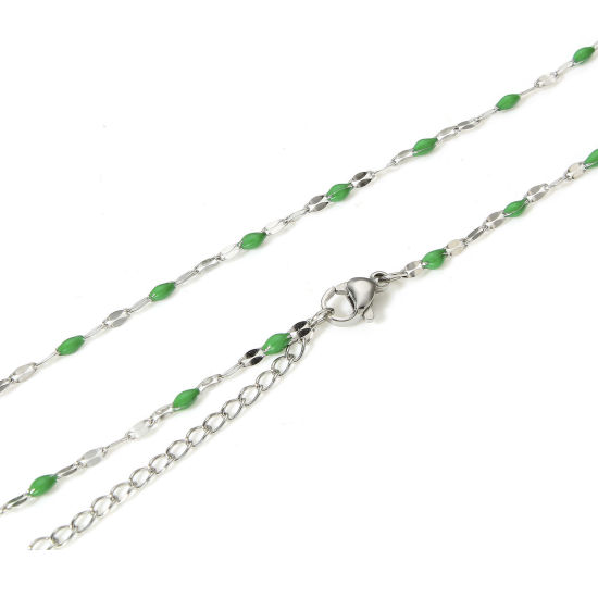 Picture of 1 Piece 304 Stainless Steel Lips Chain Necklace For DIY Jewelry Making Silver Tone Dark Green Enamel 45.5cm(17 7/8") long, Chain Size: 2mm