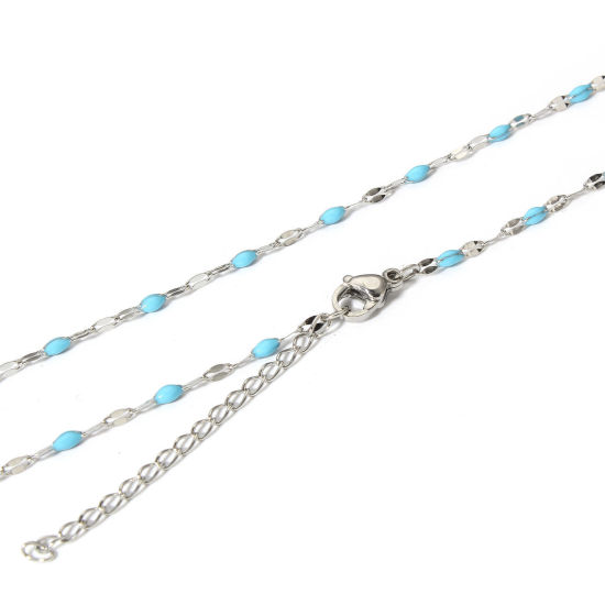 Picture of 1 Piece 304 Stainless Steel Lips Chain Necklace For DIY Jewelry Making Silver Tone Skyblue Enamel 45.5cm(17 7/8") long, Chain Size: 2mm