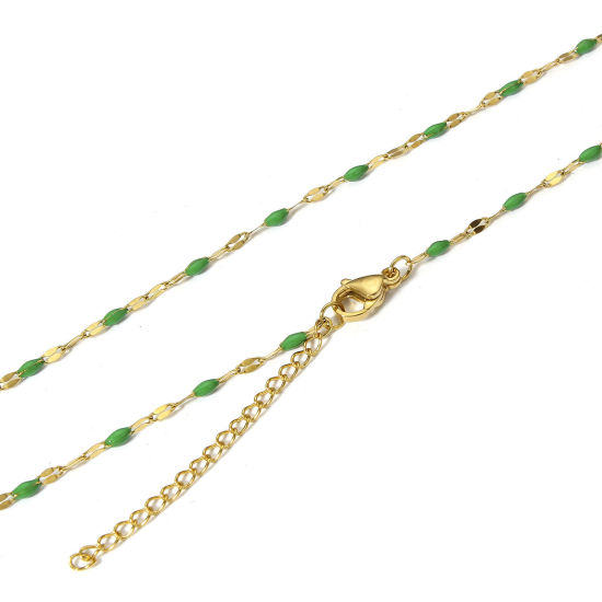 Picture of 1 Piece Eco-friendly Vacuum Plating 304 Stainless Steel Lips Chain Necklace For DIY Jewelry Making Gold Plated Dark Green Enamel 45.5cm(17 7/8") long, Chain Size: 2mm