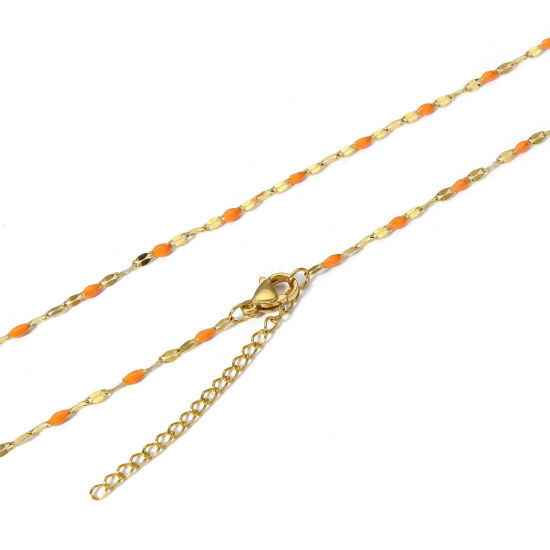 Picture of 1 Piece Eco-friendly Vacuum Plating 304 Stainless Steel Lips Chain Necklace For DIY Jewelry Making Gold Plated Orange Enamel 45.5cm(17 7/8") long, Chain Size: 2mm