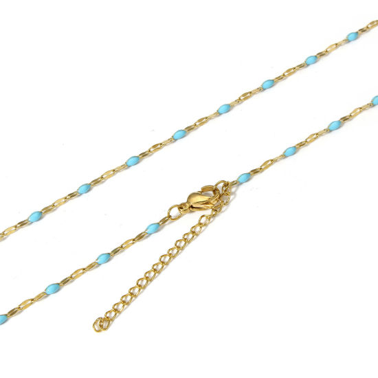Picture of 1 Piece Eco-friendly Vacuum Plating 304 Stainless Steel Lips Chain Necklace For DIY Jewelry Making Gold Plated Skyblue Enamel 45.5cm(17 7/8") long, Chain Size: 2mm