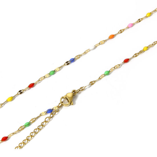 Picture of 1 Piece Eco-friendly Vacuum Plating 304 Stainless Steel Lips Chain Necklace For DIY Jewelry Making Gold Plated Multicolor Enamel 45.5cm(17 7/8") long, Chain Size: 2mm