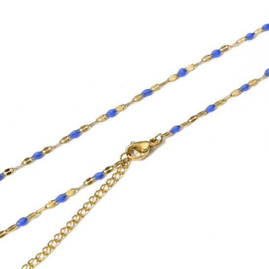 Picture of 1 Piece Eco-friendly Vacuum Plating 304 Stainless Steel Lips Chain Necklace For DIY Jewelry Making Gold Plated Royal Blue Enamel 45.5cm(17 7/8") long, Chain Size: 2mm