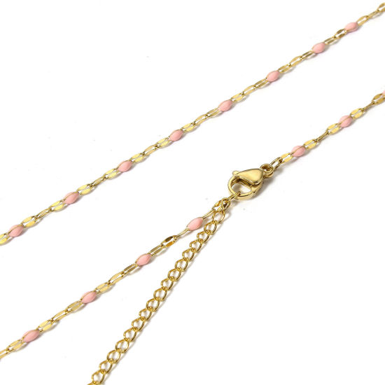 Picture of 1 Piece Eco-friendly Vacuum Plating 304 Stainless Steel Lips Chain Necklace For DIY Jewelry Making Gold Plated Pink Enamel 45.5cm(17 7/8") long, Chain Size: 2mm