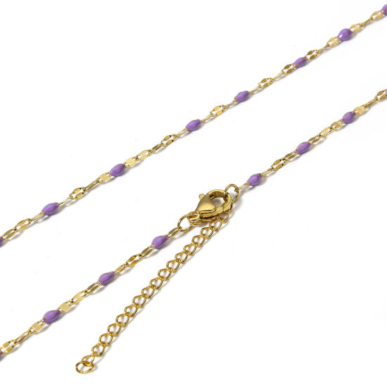 Picture of 1 Piece Eco-friendly Vacuum Plating 304 Stainless Steel Lips Chain Necklace For DIY Jewelry Making Gold Plated Purple Enamel 45.5cm(17 7/8") long, Chain Size: 2mm