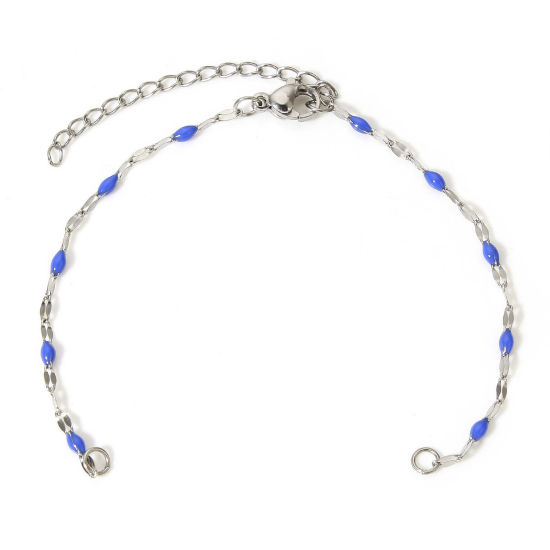 Picture of 1 Piece 304 Stainless Steel Lips Chain Semi-finished Bracelets For DIY Handmade Jewelry Making Silver Tone Royal Blue Enamel 15.5cm(6 1/8") long