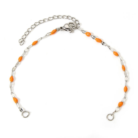 Picture of 1 Piece 304 Stainless Steel Lips Chain Semi-finished Bracelets For DIY Handmade Jewelry Making Silver Tone Orange Enamel 15.5cm(6 1/8") long